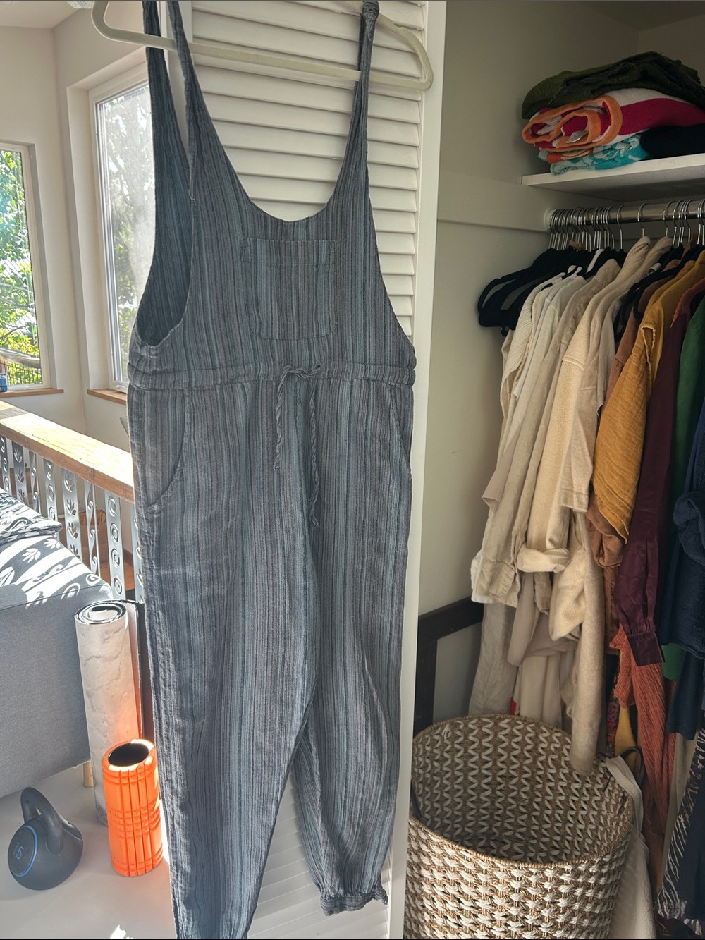 Striped Sleeveless Gray Jumpsuit with Drawstring Waist
